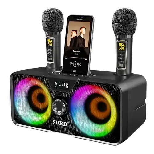 Karaoke Machine for Adults and Kids with 2 UHF Wireless Microphones, Portable Bluetooth Speaker PA Speaker System with LED Party Lights for Home Party, Picnic, Car, Outdoor/Indoor/Birthday Gifts - 4