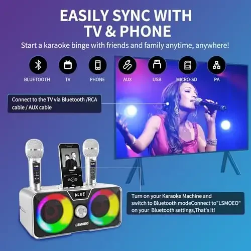 Karaoke Machine for Adults and Kids with 2 UHF Wireless Microphones,Portable Bluetooth Speaker PA Speaker System with LED Party Lights for Home Party, Picnic,Car,Outdoor/Indoor/Birthday Gifts - LSMOEO (1)