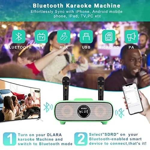 Karaoke Machine for Adults and Kids,Portable Bluetooth Karaoke Machine with Mobile Phone Holder, PA Speaker System with 2 Wireless Bluetooth Microphone Best Birthday Gift for Boys and Girls - 6