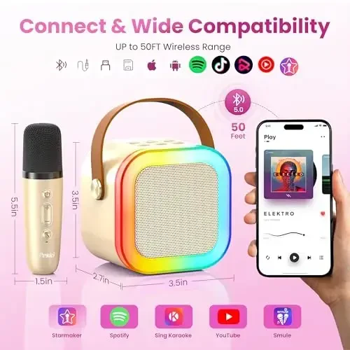 Karaoke Machine for Kids Adults, Portable Bluetooth Mini Karaoke Microphone Singing Speaker Karaoke Player with 2 Wireless Mic, for All Smartphones,Birthday, Family,Home Party (Gold) - 6