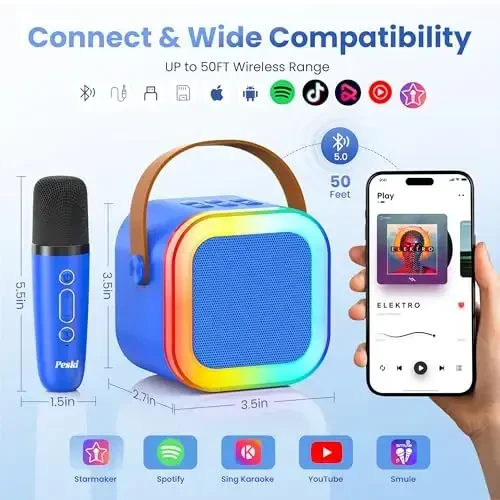 Karaoke Machine for Kids Adults, Portable Bluetooth Mini Karaoke Microphone Singing Speaker Karaoke Player with 2 Wireless Mic, for All Smartphones,Birthday, Family,Home Party(Deep Blue) - 6