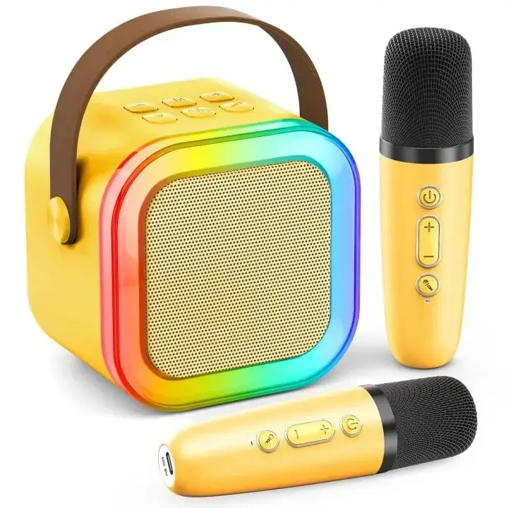 Karaoke Machine for Kids Adults, Portable Bluetooth Mini Karaoke Microphone Singing Speaker Karaoke Player with 2 Wireless Mic,Kids for All Smartphones,Birthday, Family,Home Party(Yellow) - 1