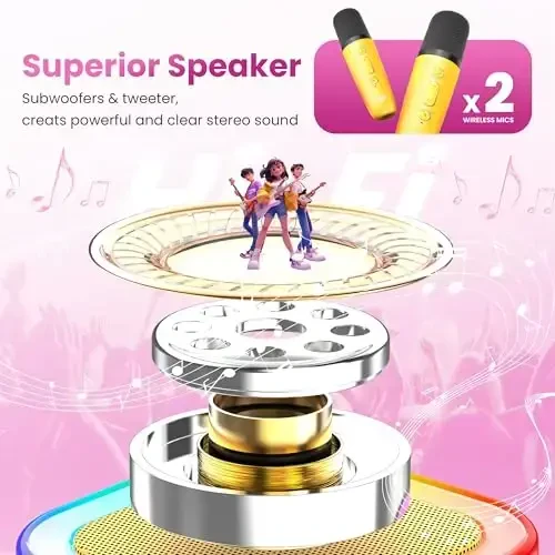 Karaoke Machine for Kids Adults, Portable Bluetooth Mini Karaoke Microphone Singing Speaker Karaoke Player with 2 Wireless Mic,Kids for All Smartphones,Birthday, Family,Home Party(Yellow) - 2