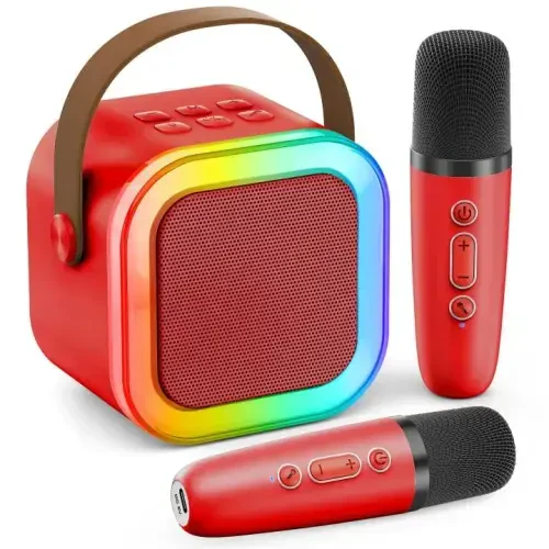 Karaoke Machine for Kids Adults, Portable Bluetooth Mini Karaoke Microphone Singing Speaker with 2 Mic and Light, for All Smartphones,Birthday, Family,Home Party(Red) 