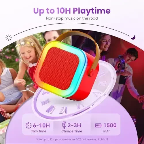 Karaoke Machine for Kids Adults, Portable Bluetooth Mini Karaoke Microphone Singing Speaker with 2 Mic and Light, for All Smartphones,Birthday, Family,Home Party(Red) - 4