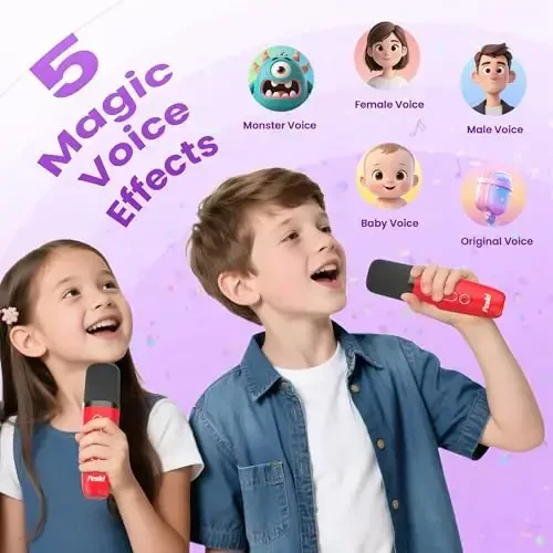 Karaoke Machine for Kids Adults, Portable Bluetooth Mini Karaoke Microphone Singing Speaker with 2 Mic and Light, for All Smartphones,Birthday, Family,Home Party(Red) - 5