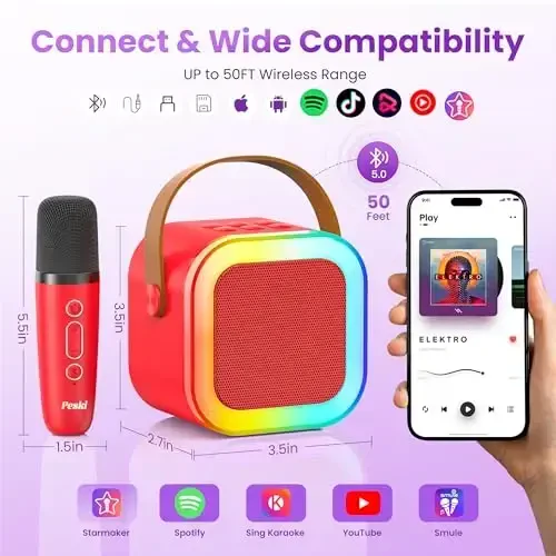 Karaoke Machine for Kids Adults, Portable Bluetooth Mini Karaoke Microphone Singing Speaker with 2 Mic and Light, for All Smartphones,Birthday, Family,Home Party(Red) - 6