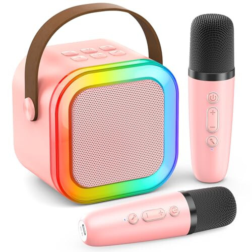 Karaoke Machine for Kids Adults, Portable Bluetooth Mini Karaoke Microphone Singing Speaker with 2 Mic and Light,Toys for All Smartphones,Birthday, Family,Home Party (Pink) - 2