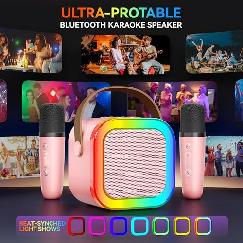 Karaoke Machine for Kids Adults, Portable Bluetooth Mini Karaoke Microphone Singing Speaker with 2 Mic and Light,Toys for All Smartphones,Birthday, Family,Home Party (Pink) - 4