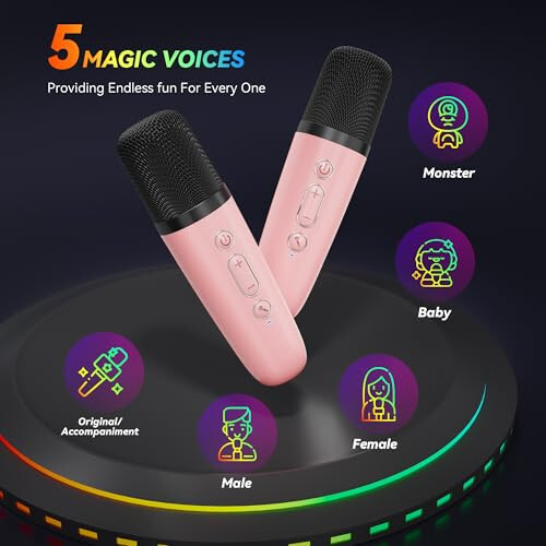 Karaoke Machine for Kids Adults, Portable Bluetooth Mini Karaoke Microphone Singing Speaker with 2 Mic and Light,Toys for All Smartphones,Birthday, Family,Home Party (Pink) - 5