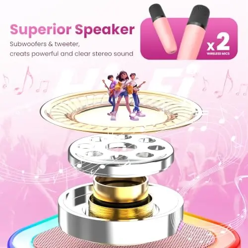 Karaoke Machine for Kids Adults, Portable Bluetooth Mini Karaoke Microphone Singing Speaker with 2 Mic and Light,Toys for All Smartphones,Birthday, Family,Home Party (Pink) - 2