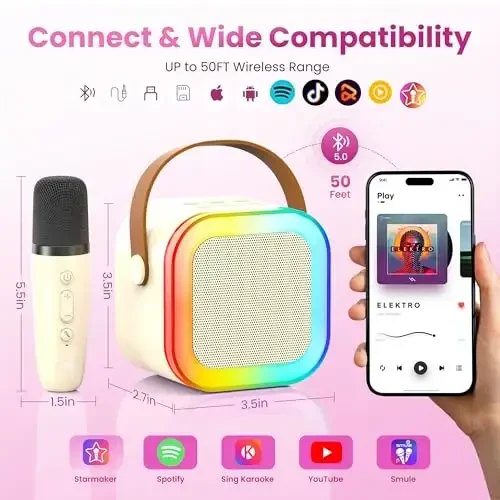 Karaoke Machine for Kids Adults, Portable Bluetooth Mini Karaoke Microphone Singing Speaker with 2 Wireless Mic and Light,Toys for All Smartphones,Birthday, Family,Home Party (Beige) - 5