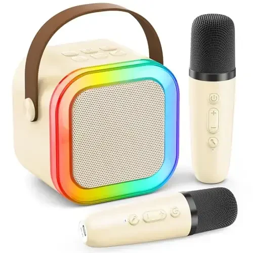 Karaoke Machine for Kids Adults, Portable Bluetooth Mini Karaoke Microphone Singing Speaker with 2 Wireless Mic and Light,Toys for All Smartphones,Birthday, Family,Home Party (Beige) - 6