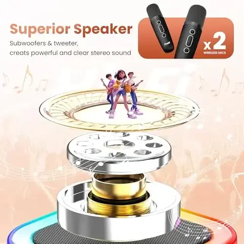 Karaoke Machine for Kids Adults, Portable Bluetooth Mini karaoke Microphone Singing Speaker with 2 Wireless Mic and Light,Toys for All Smartphones,Birthday, Family,Home Party (Black) - 2