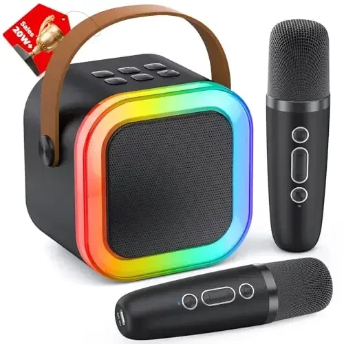 Karaoke Machine for Kids Adults, Portable Bluetooth Mini karaoke Microphone Singing Speaker with 2 Wireless Mic and Light,Toys for All Smartphones,Birthday, Family,Home Party (Black) - 6