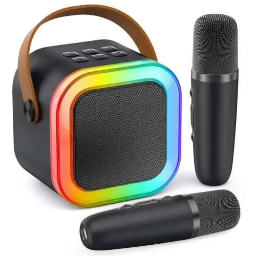 Karaoke Machine for Kids Adults, Portable Bluetooth Mini karaoke Microphone Singing Speaker with 2 Wireless Mic and Light,Toys for All Smartphones,Birthday, Family,Home Party (Black) - 7