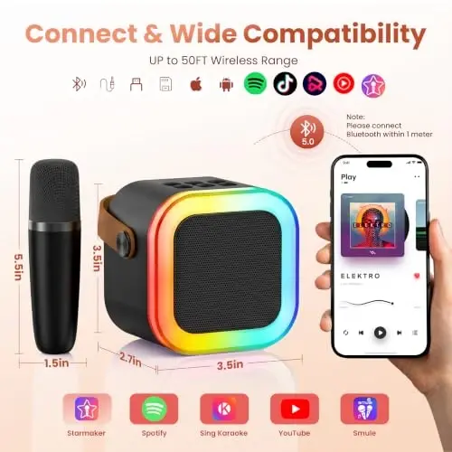 Karaoke Machine for Kids Adults, Portable Bluetooth Mini karaoke Microphone Singing Speaker with 2 Wireless Mic and Light,Toys for All Smartphones,Birthday, Family,Home Party (Black) - 9