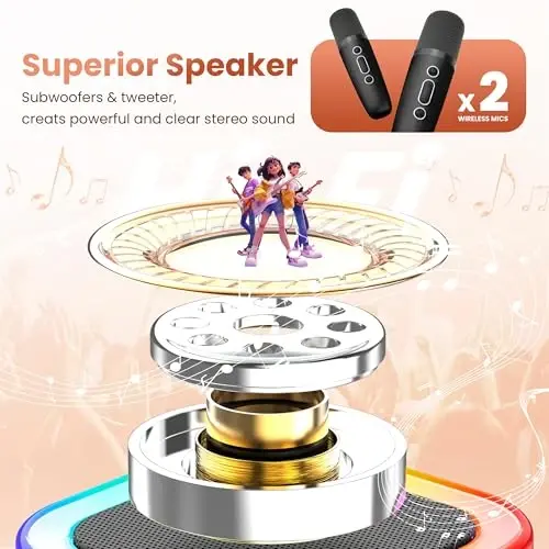 Karaoke Machine for Kids Adults, Portable Bluetooth Mini karaoke Microphone Singing Speaker with 2 Wireless Mic and Light,Toys for All Smartphones,Birthday, Family,Home Party (Black) - 3