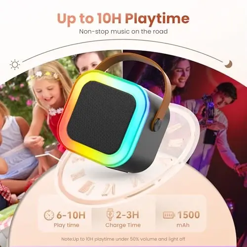Karaoke Machine for Kids Adults, Portable Bluetooth Mini karaoke Microphone Singing Speaker with 2 Wireless Mic and Light,Toys for All Smartphones,Birthday, Family,Home Party (Black) - 6