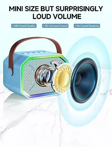 Karaoke Machine for Kids and Adults, Mini Portable Bluetooth Speaker with 2 Wireless Microphones, Led Lights for TV, Kids Gifts for Girls Boys Family Party Birthday (Blue) - 3