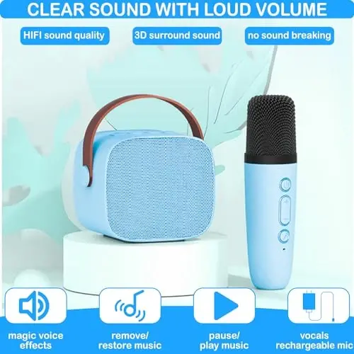 Karaoke Machine for Kids, Mini Karaoke Machine for Kids Adults, Portable Bluetooth Speaker with 1 Wireless Microphones, Christmas Birthday Toys Birthday Gifts for Girls 4, 5, 6, 7, 8+ Years Old Blue - 5