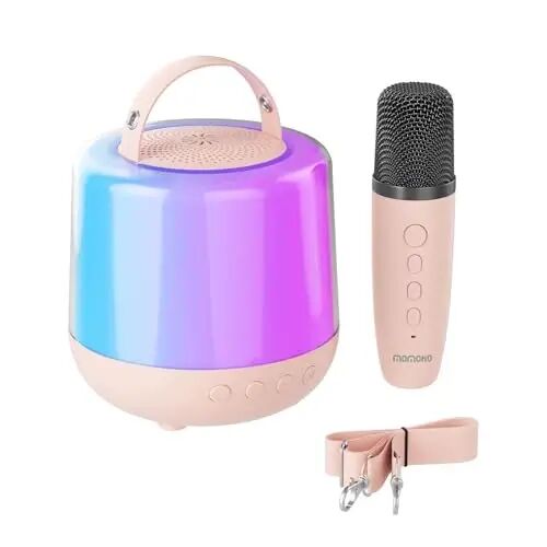 Karaoke Machine for Kids, Portable Bluetooth Speaker with Wireless Microphone & LED Lights, Magic Voice Effects, for Girls Christmas Home Party (Baby Pink) - MOMOHO