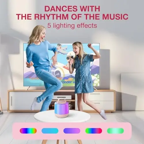 Karaoke Machine for Kids, Portable Bluetooth Speaker with Wireless Microphone & LED Lights, Magic Voice Effects, for Girls Christmas Home Party (Baby Pink) - 5