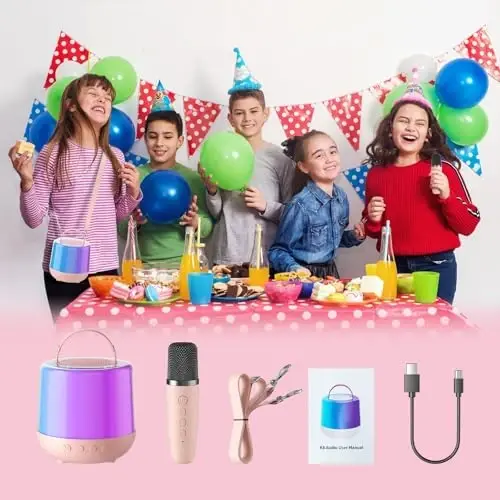 Karaoke Machine for Kids, Portable Bluetooth Speaker with Wireless Microphone & LED Lights, Magic Voice Effects, for Girls Christmas Home Party (Baby Pink) - 6
