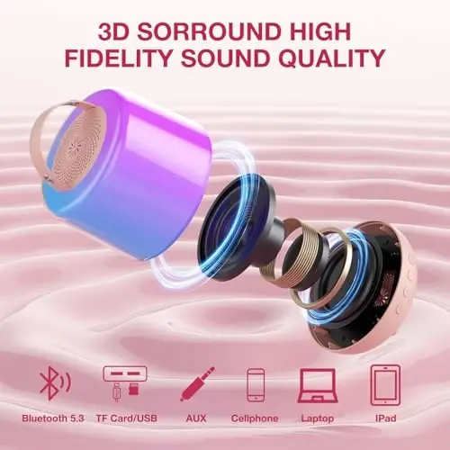 Karaoke Machine for Kids, Portable Bluetooth Speaker with Wireless Microphone & LED Lights, Magic Voice Effects, for Girls Christmas Home Party (Baby Pink) - MOMOHO (1)