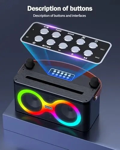Karaoke Machine, Karaoke Machine for Adults, Bluetooth Speaker with 2 Wireless Karaoke Microphones for Adults & Kids with LED Lights, Karaoke Microphone with PA System Supports TF Card/USB/FM/AUX/TWS - 3