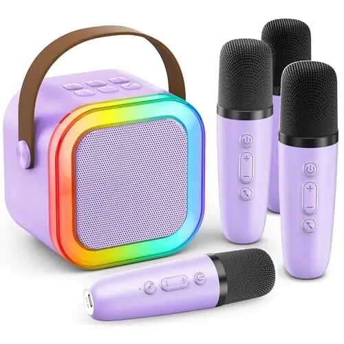 Karaoke Machine Kids Adults,Bluetooth Speaker with 4 Wireless Microphones | HI-FI Sound, Mini Size,5 Voice Effects,LED Lights, TF/USB/AUX, Family Home Party Birthday Gifts Girls Boys 3-12+ Toddler Toys - 1