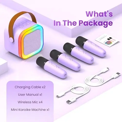 Karaoke Machine Kids Adults,Bluetooth Speaker with 4 Wireless Microphones | HI-FI Sound, Mini Size,5 Voice Effects,LED Lights, TF/USB/AUX, Family Home Party Birthday Gifts Girls Boys 3-12+ Toddler Toys - 4