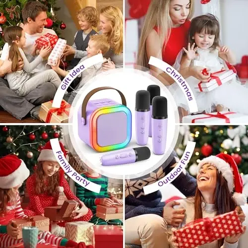 Karaoke Machine Kids Adults,Bluetooth Speaker with 4 Wireless Microphones | HI-FI Sound, Mini Size,5 Voice Effects,LED Lights, TF/USB/AUX, Family Home Party Birthday Gifts Girls Boys 3-12+ Toddler Toys - 6