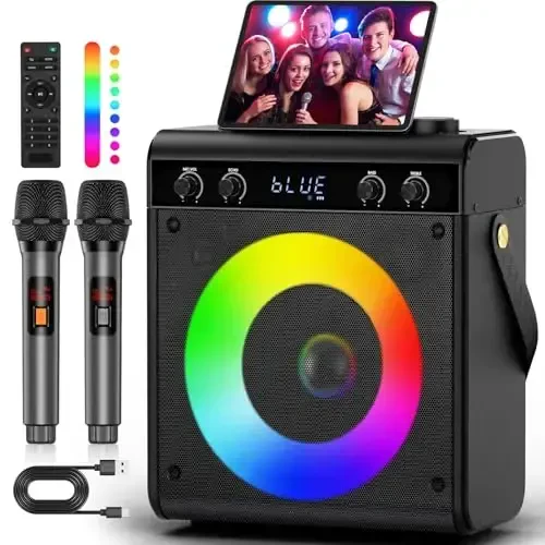 Karaoke Machine, Portable Bluetooth Speaker with 2 Wireless Microphones for Adults & Kids - PA System, LED Lights, Bass/Treble Control, AUX/USB/TF/FM for Home Party Outdoor Singing - 1