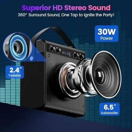 Karaoke Machine, Portable Bluetooth Speaker with 2 Wireless Microphones for Adults & Kids - PA System, LED Lights, Bass/Treble Control, AUX/USB/TF/FM for Home Party Outdoor Singing - 4