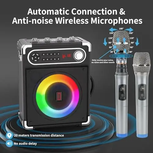 Karaoke Machine, Portable Bluetooth Speaker with 2 Wireless Microphones for Adults Kids,Bass/Treble Adjustment,PA System with Remote Control, Lights, Supports TF Card/USB, AUX in,TWS,FM,REC Party Home - 4
