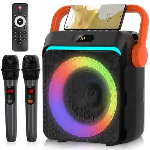 Karaoke Machine with 2 Wireless Microphones, Portable Bluetooth Karaoke Speaker for Adults & Kids with Strobe Lights, Karaoke Microphone with PA System Supports TWS/USB/TF/REC/FM/AUX for Home Party - 1