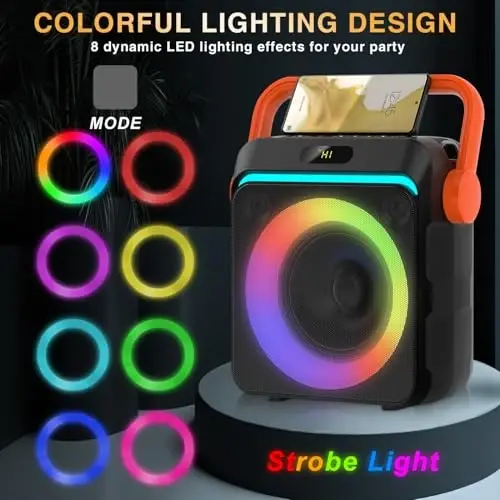 Karaoke Machine with 2 Wireless Microphones, Portable Bluetooth Karaoke Speaker for Adults & Kids with Strobe Lights, Karaoke Microphone with PA System Supports TWS/USB/TF/REC/FM/AUX for Home Party - 6