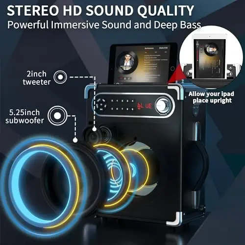 Karaoke Machine, Portable Bluetooth Speaker with 2 Wireless Microphones, Karaoke Microphone with Bass/Treble Adjustment, PA System with Remote Control, Lights, Support USB/TF/REC/FM/AUX/TWS for Party - 3