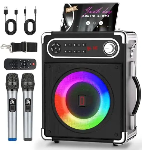 Karaoke Machine, Portable Bluetooth Speaker with 2 Wireless Microphones, Karaoke Microphone with Bass/Treble Adjustment, PA System with Remote Control, Lights, Support USB/TF/REC/FM/AUX/TWS for Party - 6