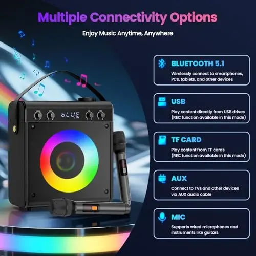 Karaoke Machine, Portable Bluetooth Speaker with 2 Wireless Microphones for Adults & Kids - PA System, LED Lights, Bass/Treble Control, AUX/USB/TF/FM for Home Party Outdoor Singing - 2