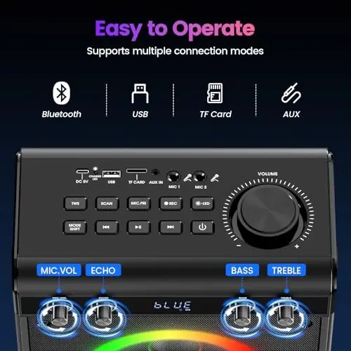 Karaoke Machine, Portable Bluetooth Speaker with 2 Wireless Microphones for Adults & Kids - PA System, LED Lights, Bass/Treble Control, AUX/USB/TF/FM for Home Party Outdoor Singing - 6