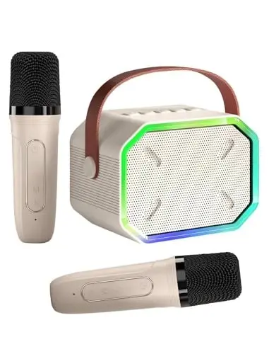 Karaoke mashinasi bolalar va kattalar uchun, 2 ta simsiz mikrofonli mini portativ Bluetooth karnay, televizor uchun Led chiroqlar, qizlar bolalar oilaviy ziyofat tug'ilgan kun uchun bolalar sovg'alari (bej) - CAIORD