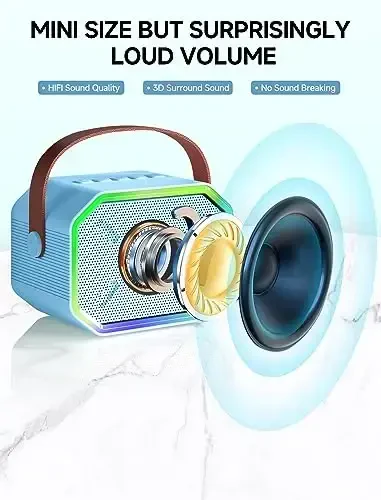 Karaoke mashinasi bolalar va kattalar uchun, 2 ta simsiz mikrofonli mini portativ Bluetooth karnay, televizor uchun Led chiroqlar, qizlar va o'g'il bolalar uchun sovg'alar oilaviy tug'ilgan kun (ko'k) - 3