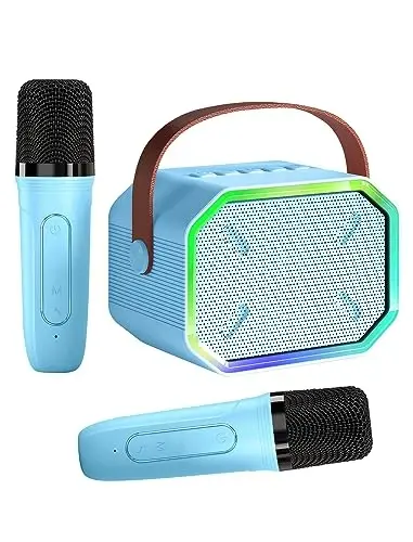 Karaoke mashinasi bolalar va kattalar uchun, 2 ta simsiz mikrofonli mini portativ Bluetooth karnay, televizor uchun Led chiroqlar, qizlar va o'g'il bolalar uchun sovg'alar oilaviy tug'ilgan kun (ko'k) - 1