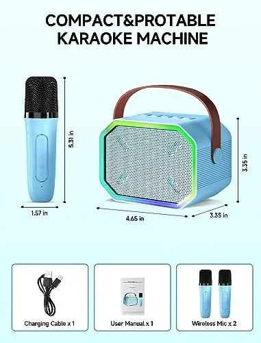Karaoke mashinasi bolalar va kattalar uchun, 2 ta simsiz mikrofonli mini portativ Bluetooth karnay, televizor uchun Led chiroqlar, qizlar va o'g'il bolalar uchun sovg'alar oilaviy tug'ilgan kun (ko'k) - 2
