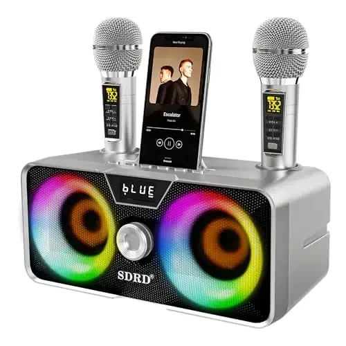 Karaoke mashinasi kattalar va bolalar uchun 2 UHF simsiz mikrofon, ko'chma Bluetooth dinamik PA dinamik tizimi LED partiya chiroqlari bilan uy partiyasi, piknik, mashina, tashqi / ichki / tug'ilgan kun sovg'alari uchun - 1