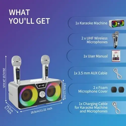 Karaoke mashinasi kattalar va bolalar uchun 2 UHF simsiz mikrofon, ko'chma Bluetooth dinamik PA dinamik tizimi LED partiya chiroqlari bilan uy partiyasi, piknik, mashina, tashqi / ichki / tug'ilgan kun sovg'alari uchun - 6
