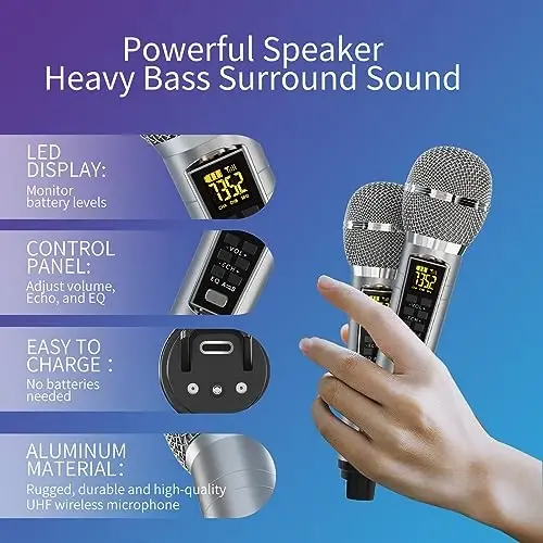 Karaoke mashinasi kattalar va bolalar uchun 2 UHF simsiz mikrofon, ko'chma Bluetooth dinamik PA dinamik tizimi LED partiya chiroqlari bilan uy partiyasi, piknik, mashina, tashqi / ichki / tug'ilgan kun sovg'alari uchun - 3