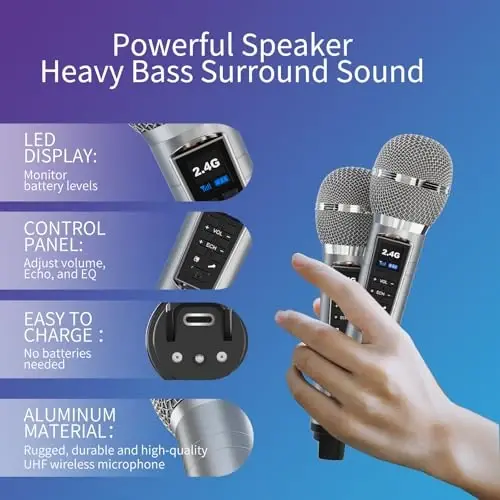 Karaoke mashinasi kattalar va bolalar uchun 2 UHF simsiz mikrofon, ko'chma Bluetooth dinamik PA dinamik tizimi LED partiya chiroqlari bilan uy partiyasi, piknik, mashina, tashqi / ichki / tug'ilgan kun sovg'alari uchun - 4